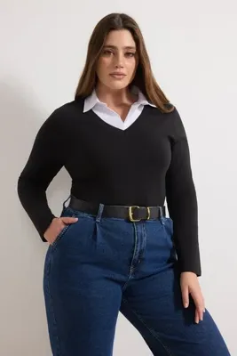 Trendyol Curve Siyah Gömlek Yaka Detaylı Süprem Örme Büyük Beden Bluz TBBAW25AF00012