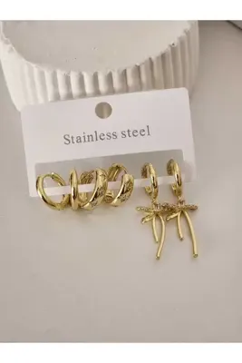 MİNAMOURE STORE Kadın Gold Çelik 6'lı Çoklu Küpe Seti Zirkon Taşlı Fiyonk Ve Yıldız İşlemeli Halka Model Kararmaz Anti-Alerjik