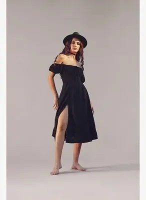 NEFS Design Yırtmaçlı Vintage Keten Elbise Midi Boy Siyah 