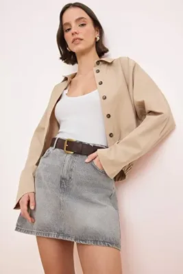 TRENDYOLMİLLA Gri Orta Bel Mini %100 Pamuklu Mini Denim Etek TWOSS26ET00102