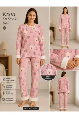 MiŞa adella Kadın Peluş Detaylı Süet Pijama Takımı Yumuşak Dokulu Kışlık Pijama Takımı