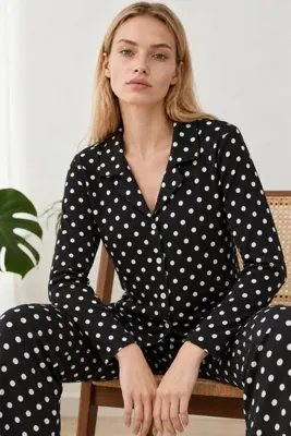 FİT WOMEN Kadın Gömlek Yaka Desenli Siyah Pijama Takımı 4812