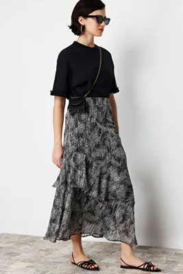 Trendyol Modest Siyah Animal Desenli Astarlı Dokuma Etek TCTAW24EE00020
