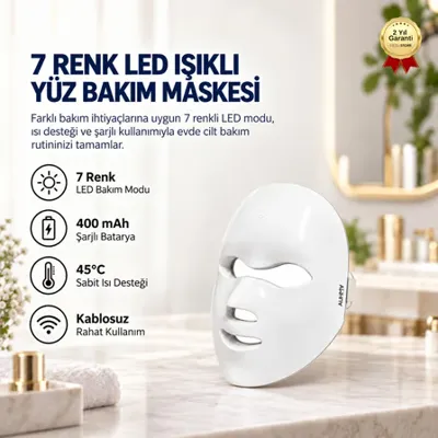 hzlstore 7 Renk LED Işıklı Yüz Bakım Maskesi 400 mAh Şarjlı Cilt Bakım Cihazı