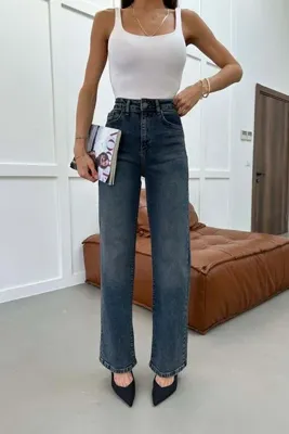 mylove Yıkamalı Wide Leg Jean Pantolon Mavi