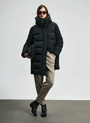 LUFIAN OLIVIA Siyah Kadın Klasik Yaka Slim Fit Dokuma Mont
