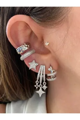 Pinery Jewels 2 Sıra Zirkon Taşlı Kadın Earcuff Kıkırdak Küpe