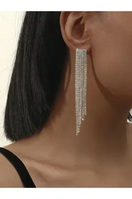 evry Taşlı Püsküllü Uzun Geniş Sallantılı Küpe