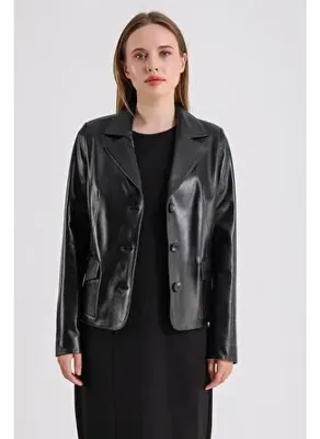 Maroquin Leather Anna Kadın Siyah Deri Blazer Ceket
