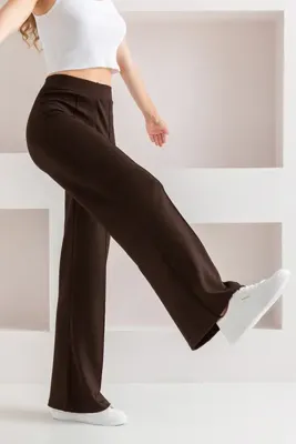 CNRCollection Kadın Kahverengi Yüksek Bel Toparlayıcı Önü Nervürlü Geniş Kalıp Bol Paça Modal Kumaş Tayt Pantolon