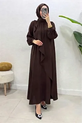 Tesettür Diyarı Mihri Krep Kumaş Volanlı Tesettür Elbise- Acı Kahve