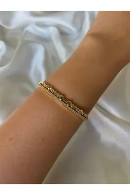 Eylülün Takısı Kadın Gold Renk Taşlı Tasarım Çelik Kelepçe Bileklik