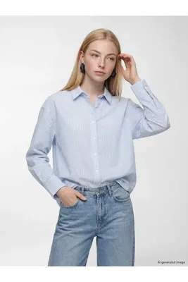 LC Waikiki Mavi Çizgili Oversize Oxford Kadın Gömlek