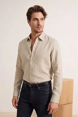 TRENDYOL MAN Taş Keten Karışımlı Regular Fit Yazlık Erkek Gömlek TMNSS26GO00018