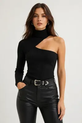 Sienza Kadın Siyah Balıkçı Yaka Tek Kollu Asimetrik Dekolteli Slim Fit Bluz