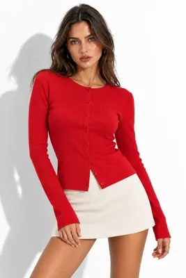 WILD BEE Kadın Kırmızı Pamuklu Vücudu Saran Düğmeli Basic Hırka Bluz