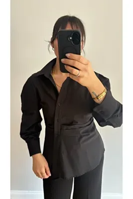 Qu Style Modern Stil Drapeli Çapraz Düğmeli Kadın Gömlek – Siyah