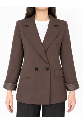 OQQA Kadın Kahverengi Kruvaze Yaka Çift Düğmeli Astarlı Blazer Ceket