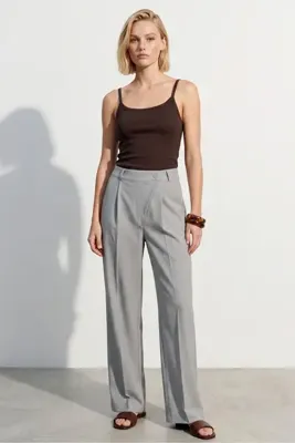 macharel jeans Kadın Wide Leg Çapraz Tasarım Kumaş Pantolon Rahat Kalıp Beli Lastikli