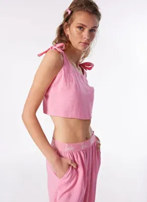 Barbie Pembe Kadın Kare Yaka Crop Nakışlı Bluz BRB4SL-BLZ6076