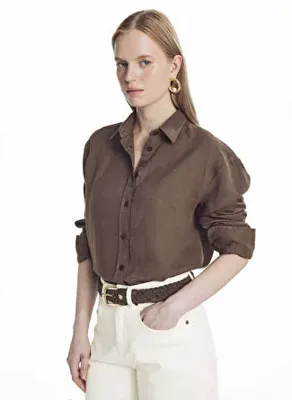 Ted Baker Acı Kahverengi %100 Keten Parça Boya D Yaka Basıc U Kol Keten Gömlek