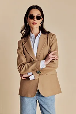 Brooks Brothers Kadın Camel 100% Kaşmir Logo Astarlı Puntolu Mono Blazer
