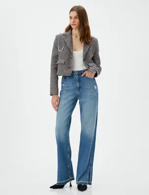 Koton Crop Tüvit Blazer Ceket Cepli Düğmeli Zincir Detaylı