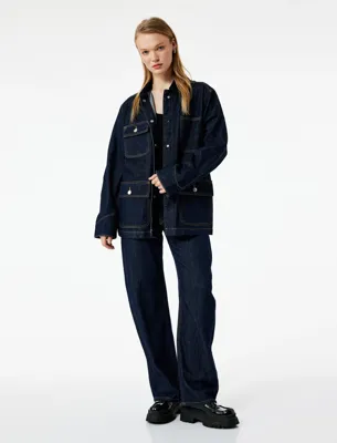 Koton Uzun Kollu Cep Detaylı Gömlek Yaka Denim Ceket