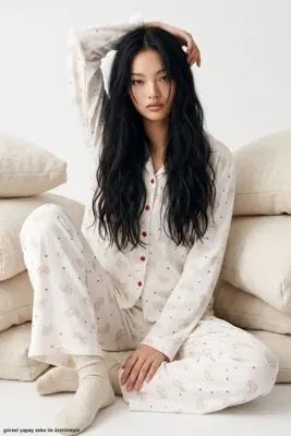 Siyah İnci Kruvasan Desenli Yumuşak Tuşe Kışlık Fitilli Düğmeli Pamuklu Örme Pijama Takım 7980