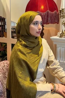 Madame Polo Premium Glow Jakar Şal Ağaç Kabuğu - Yağ Yeşili