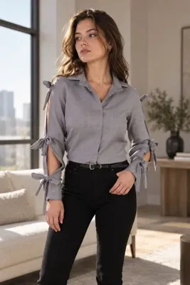 armonika Kadın Gri Kolları Yırtmaçlı Bağcık Detaylı Gömlek ARM-26Y001058
