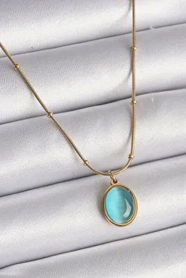 SM DOĞALTAŞ 316L ÇELİK GOLD RENK MAVİ KEDİ GÖZÜ SEDEFLİ OVAL MODEL KADIN KOLYE