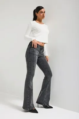 It's Basic Kadın Antrasit 4s6-14 SWL Mid Rise Flare Fit Kemer Detaylı Esnek Kumaş Denim Jean
