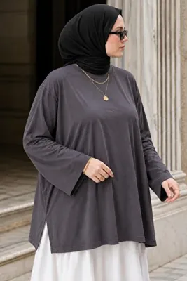 AFVENTE Lavinya Kadın Büyük Beden Oversize Uzun Kollu Penye Bluz Füme