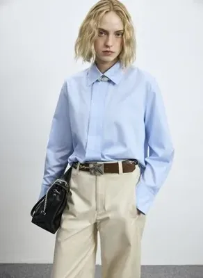 LUFIAN DAZE Mavi Kadın Bebe Yaka Regular Fit Poplin Gömlek