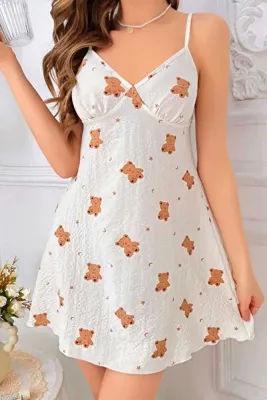 Fulla Moda Ayıcık Desenli İp Askılı Gecelik