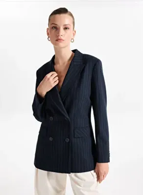 Fabrika Lacivert Kadın Regular Fit Çizgili Ceket F5WL-CKT0057