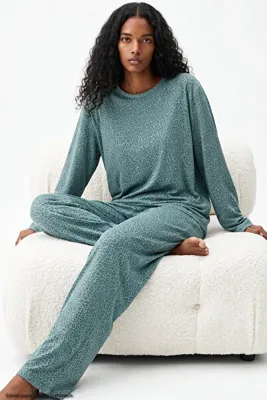 Siyah İnci Yeşil Leopar Baskılı Örme Pijama Takım 8078