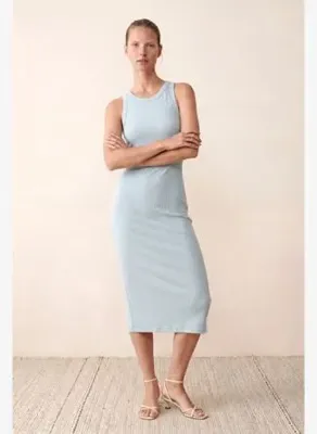 WestMark London Kadın Slim Fit Bisiklet Yaka Kolsuz Mavi Pamuklu Fitilli Ribana Midi Elbise RITA