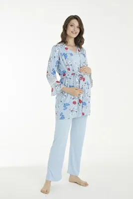 Miss Dünya Lissa Mavi Çicek Desenli Lohusa Ve Hamile Pijama Takım