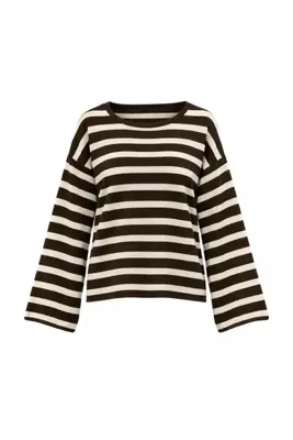 TRENDYOLMİLLA Kahverengi-Sarı Çizgili Yumuşak Bisiklet Yaka Oversize İspanyol Kol Triko Kazak TWOAW27KZ00343