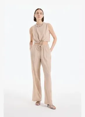 Quzu Beli Lastikli Desenli Bol Paça Pantolon Bej