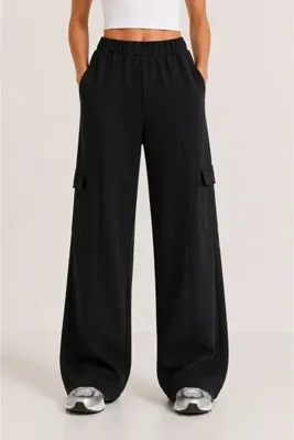 Grenj Fashion Siyah Modal Kumaş Kargo Cepli Wide Leg Pantolon