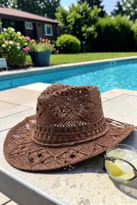 Shopiolog Geniş Kenarlı Etnik Dokulu UV Korumalı Hasır Kovboy Şapka