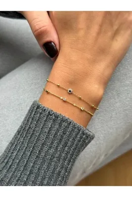 Tuysa Jewelry Siyah Zirkon Taş Detaylı İkili Bileklik Seti