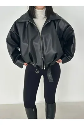 Rowsmen KADIN Yeni Sezon P&B Oversize Bomber KADIN Deri Ceket Oversize Relax Fit, Fermuarlı Kemer Detaylı