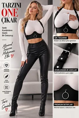 Good Miss Kadın Siyah Suni Deri Harness Göğüs Kemeri – Metal Halka Detaylı Ayarlanabilir Aksesuar