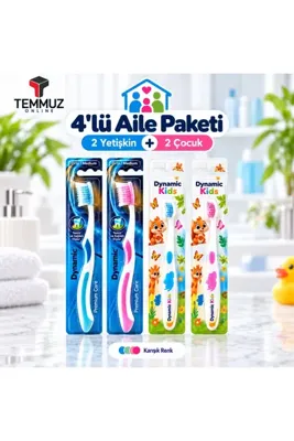 dynamic Aile Paketi Diş Fırçası Seti 4 Adet – 2 Yetişkin Medium + 2 Çocuk Extra Soft (Karışık Renk)