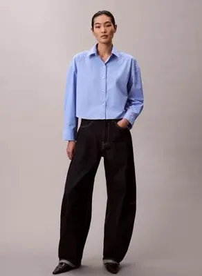 Calvin Klein Mavi Kadın %100 Pamuk Gömlek Crisp Poplin Oversized Cropped S