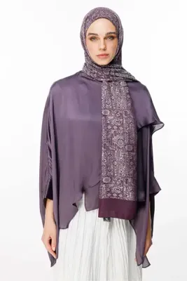 Mooncorn Henna Desen Çift Taraflı Şal Mor-Gri